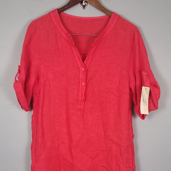 Tops - Bohemian Linen Orange Red 3/4 Sleeve Button Mandarin Collar Dress